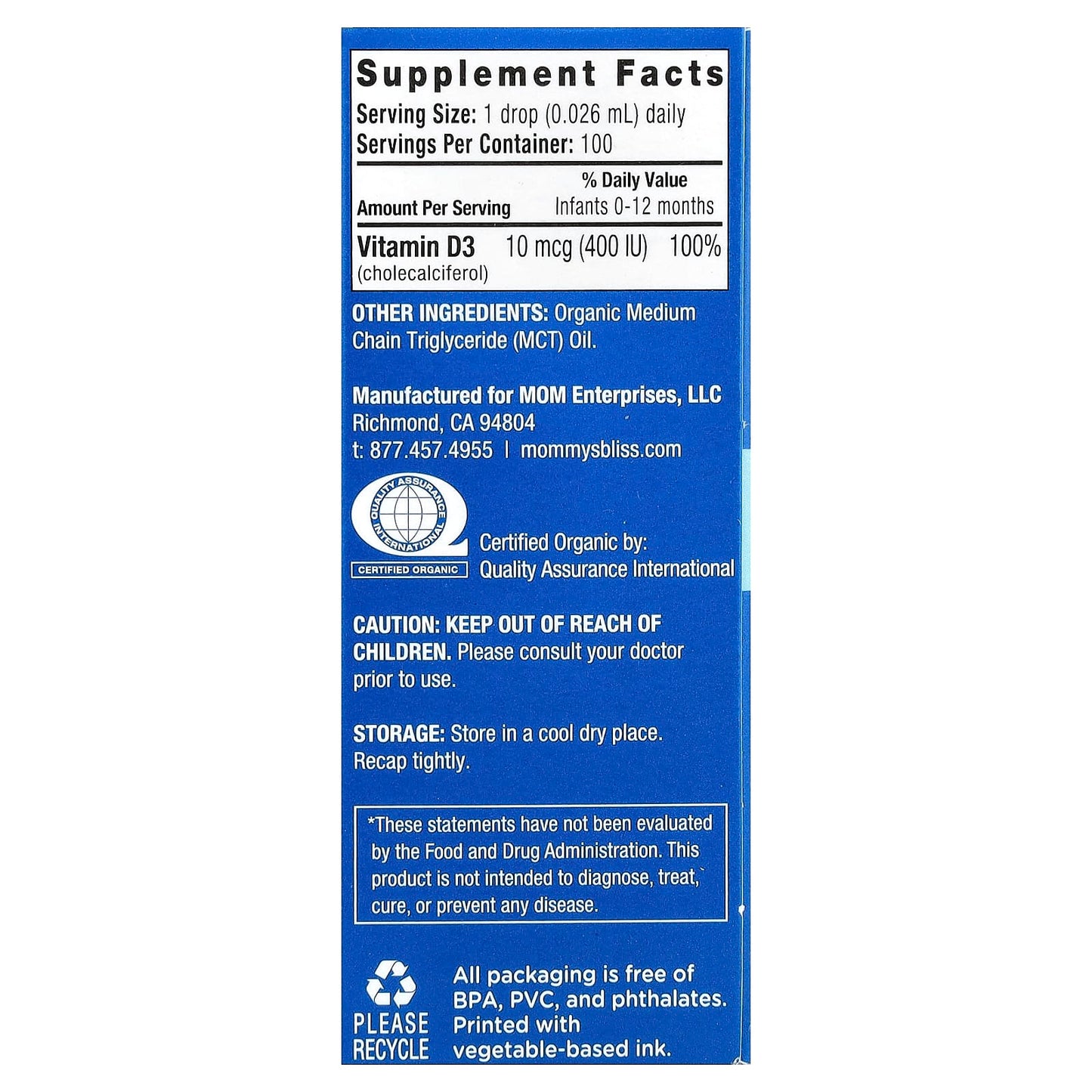 Mommy's Bliss, Organic Baby Vitamin D Drops,  Newborn +, 10 mcg (400 IU), 0.11 fl oz (3.24 ml) - Image 2