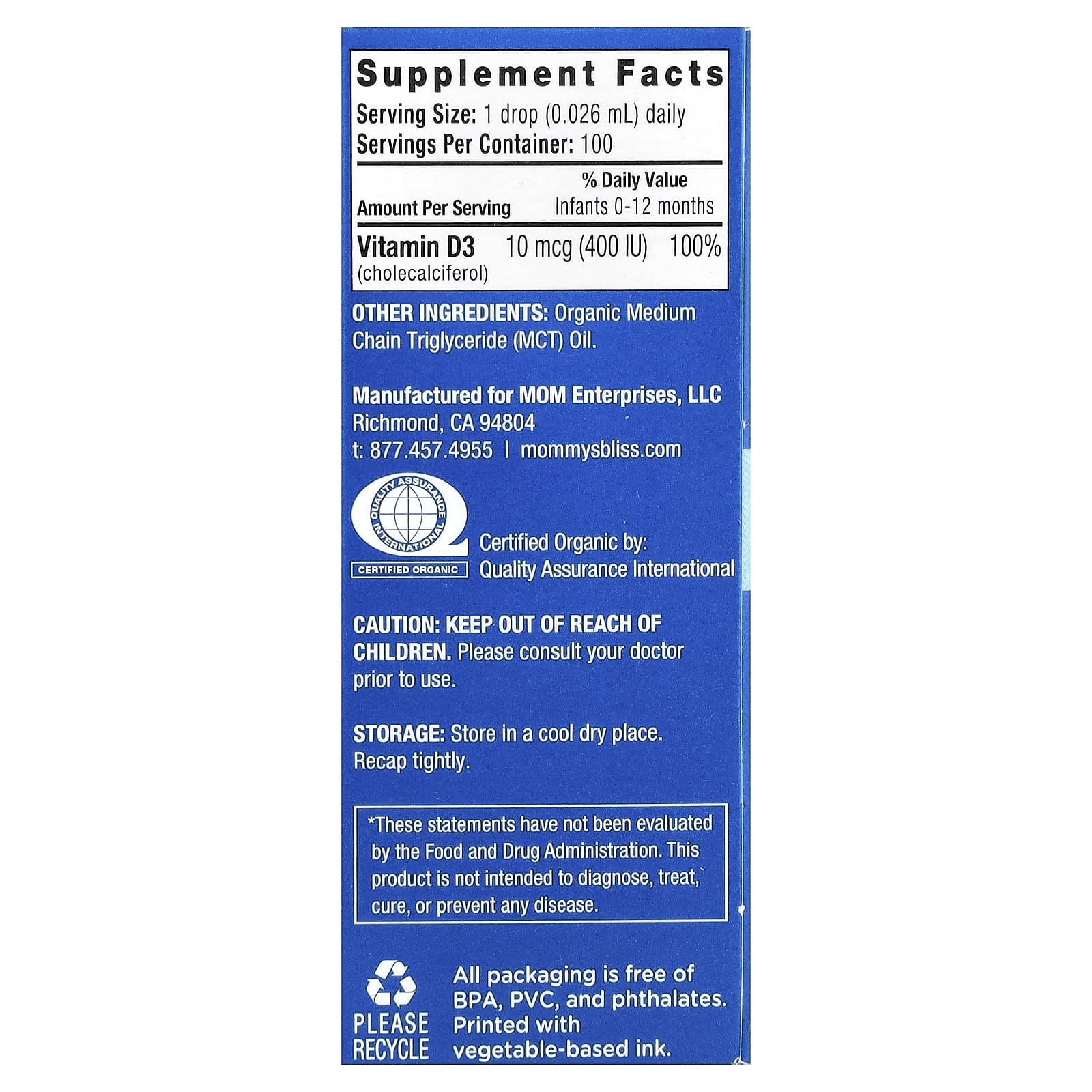 Mommy's Bliss, Organic Baby Vitamin D Drops,  Newborn +, 10 mcg (400 IU), 0.11 fl oz (3.24 ml) - Image 2