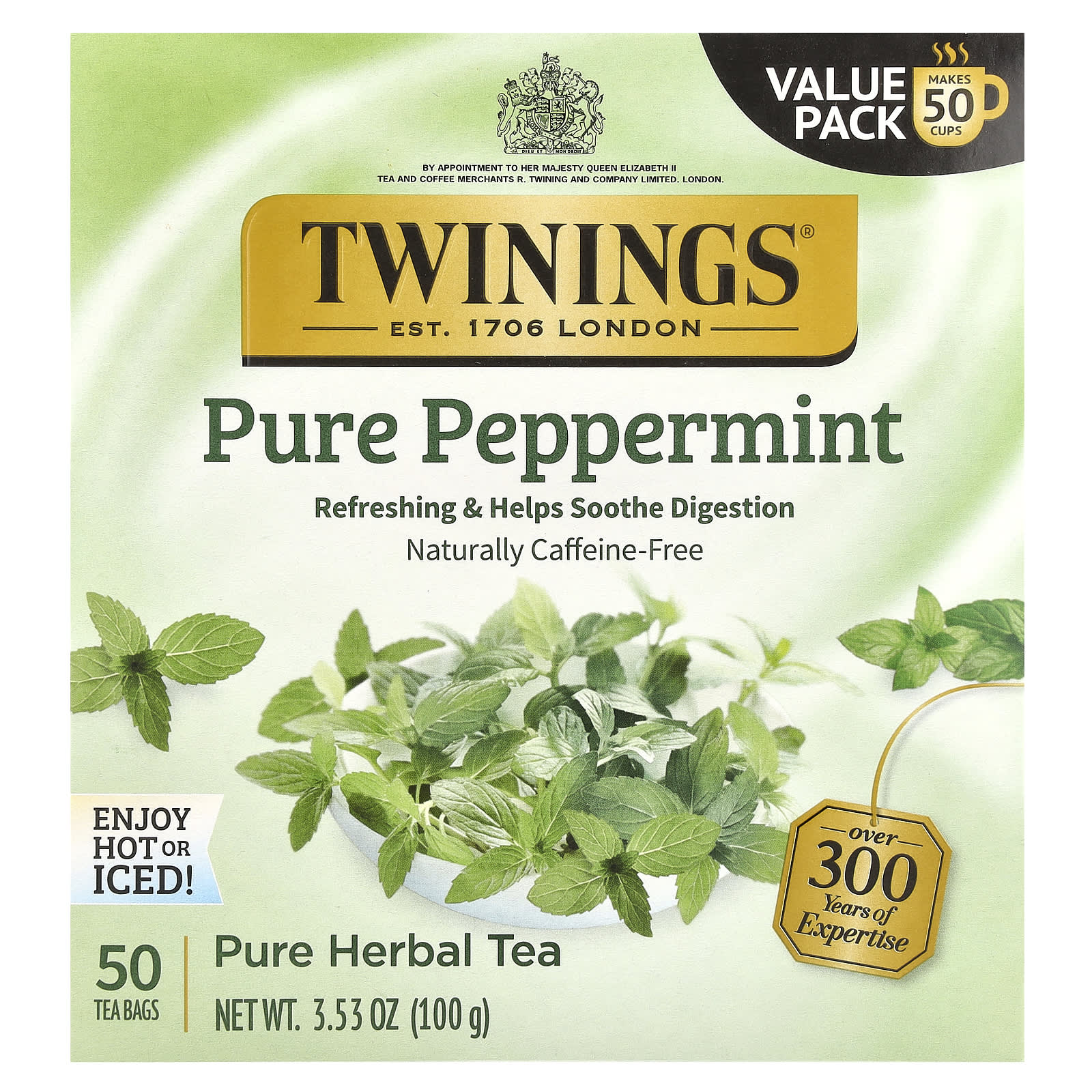 Twinings, Pure Herbal Tea, Pure Peppermint, Caffeine Free, 50 Tea Bags, 3.53 oz (100 g) - Image 1