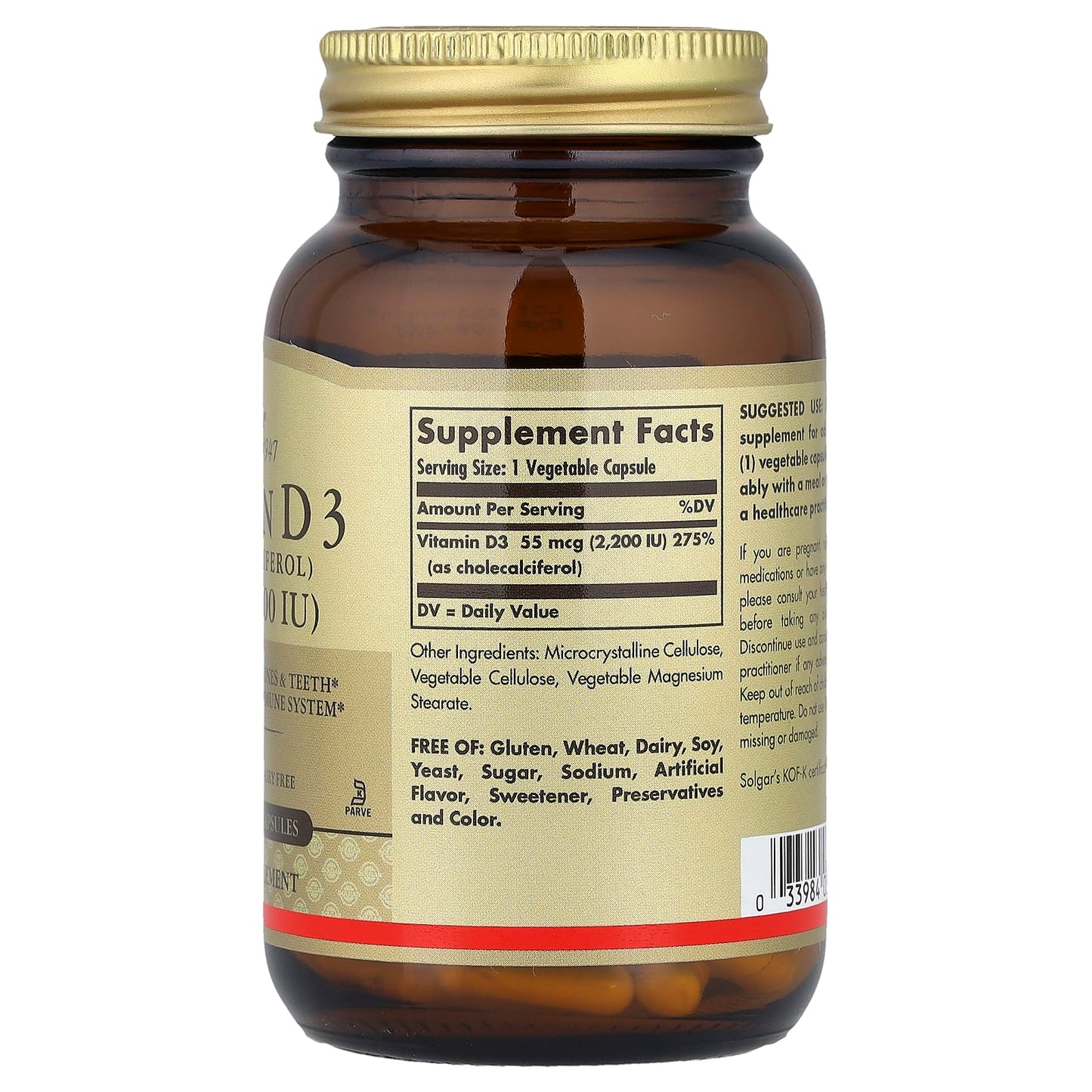 Solgar, Vitamin D3 , 55 mcg (2,200 IU), 100 Vegetable Capsules - Image 2