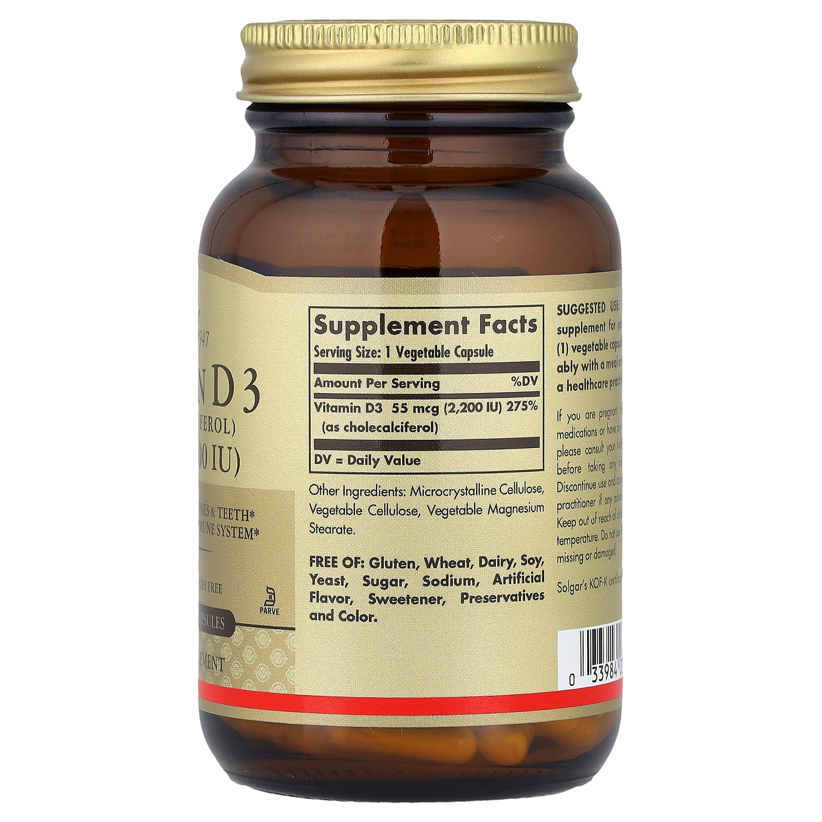 Solgar, Vitamin D3 , 55 mcg (2,200 IU), 100 Vegetable Capsules - Image 2