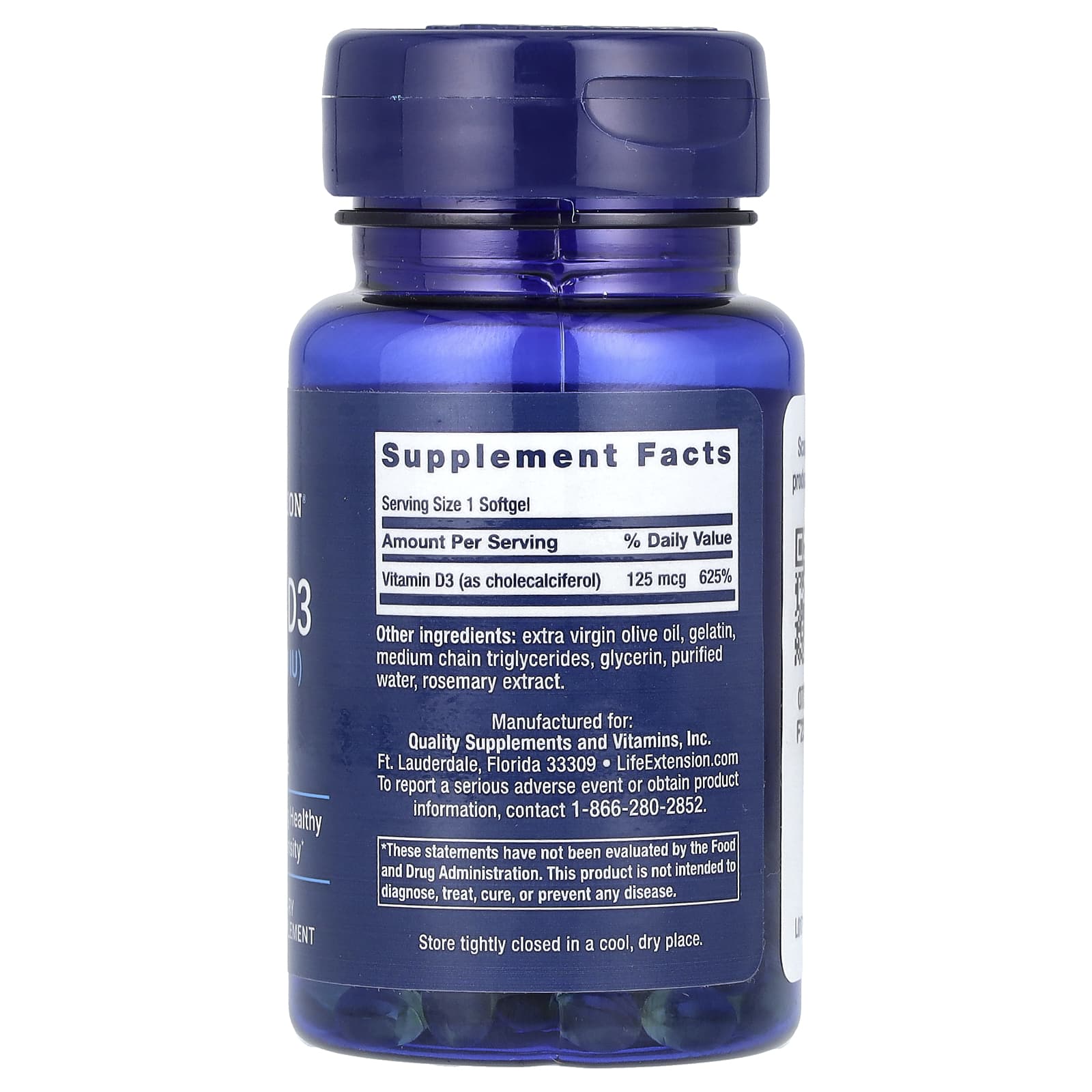 Life Extension, Vitamin D3, 125 mcg (5,000 IU), 60 Softgels - Image 2