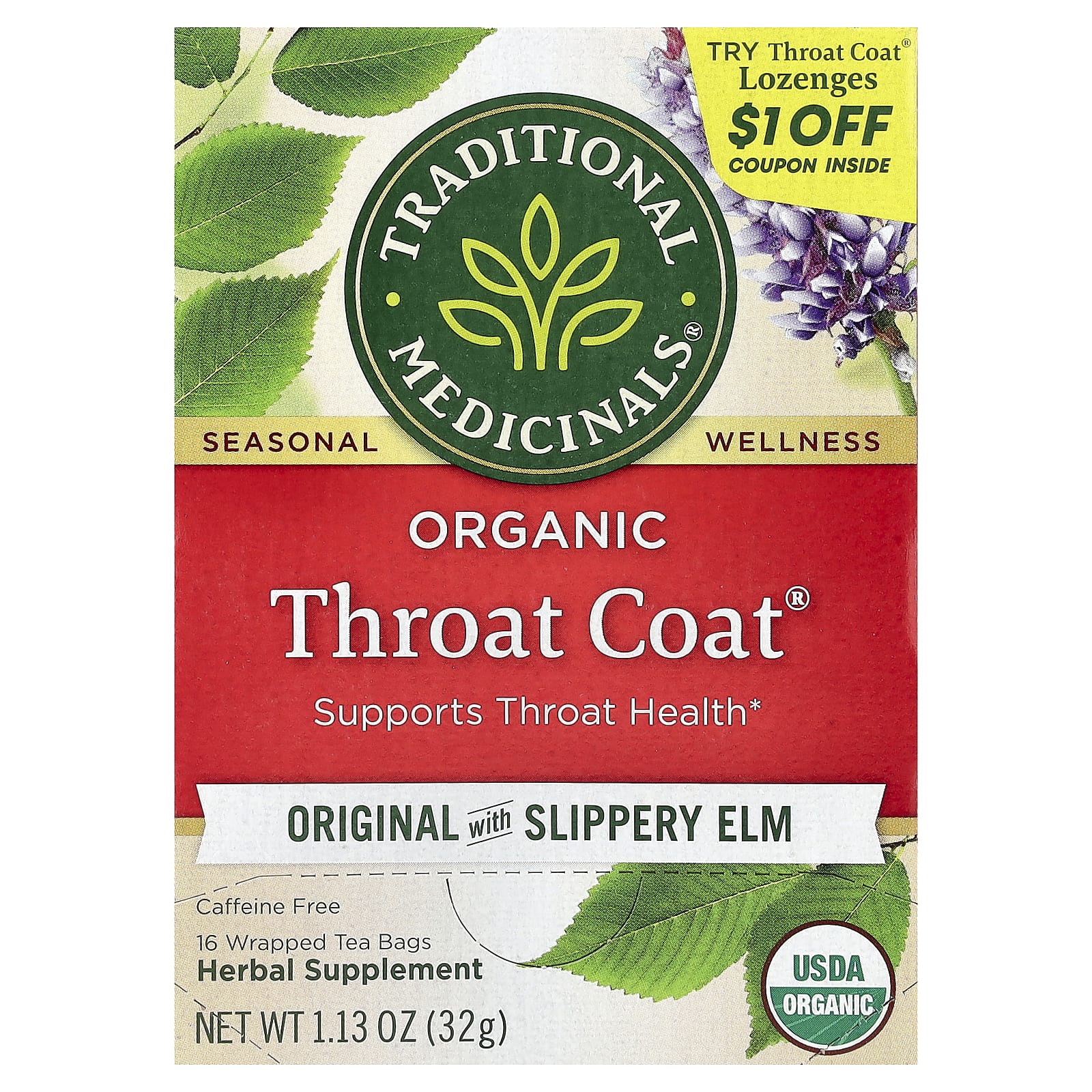 Traditional Medicinals, Organic Throat Coat®, Original with Slippery Elm, Caffeine Free, 16 Wrapped Tea Bags, 1.13 oz (32 g) - Image 1