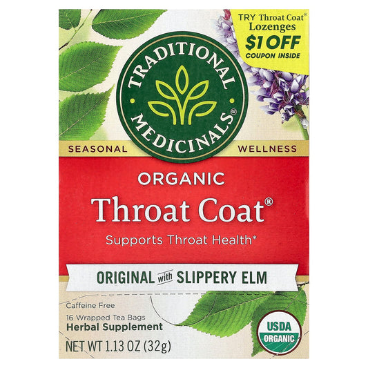 Traditional Medicinals, Organic Throat Coat®, Original with Slippery Elm, Caffeine Free, 16 Wrapped Tea Bags, 1.13 oz (32 g) - Image 1