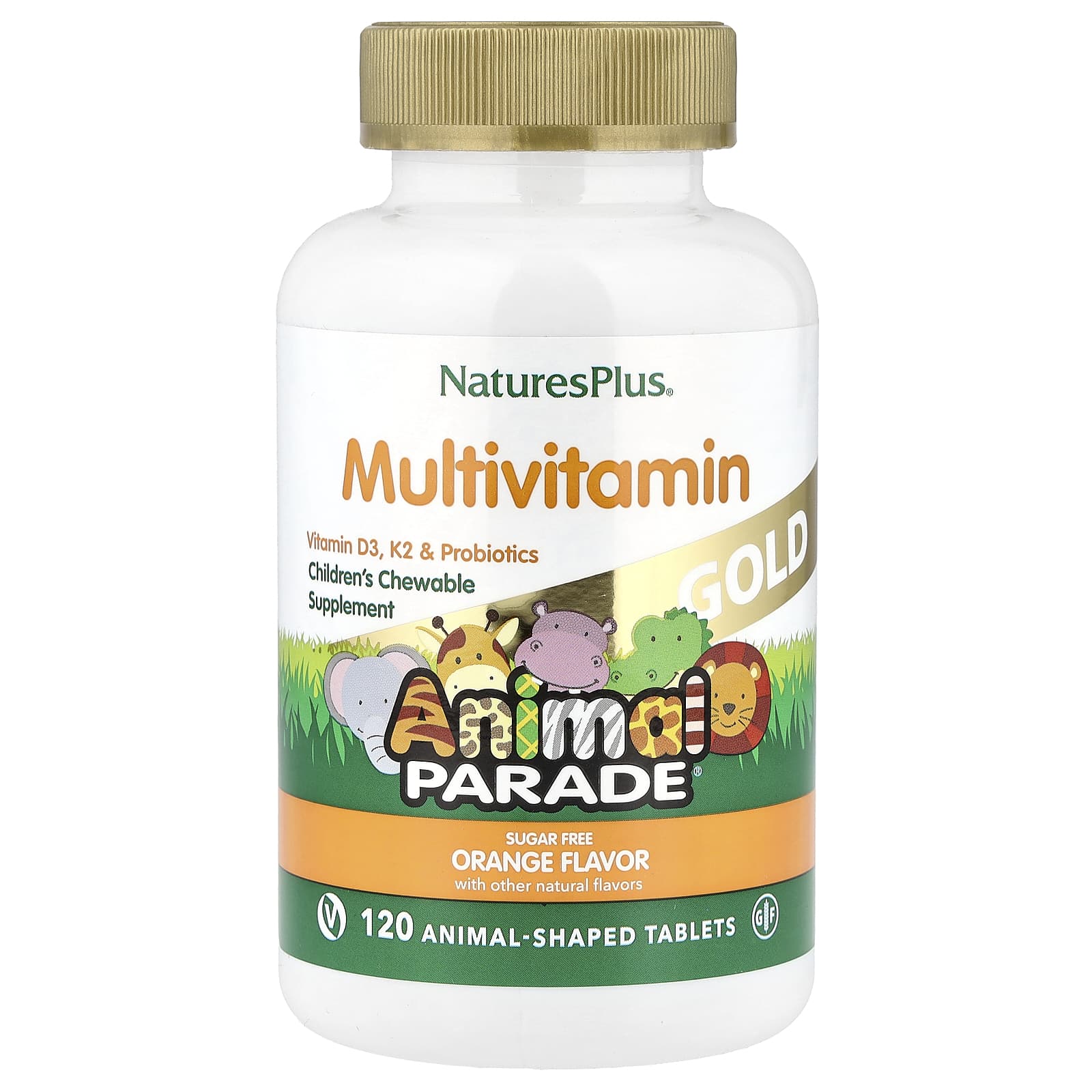 NaturesPlus, Animal Parade® Gold, Children's Chewable Multivitamin, Orange, 120 Animal-Shaped Tablets - Image 1