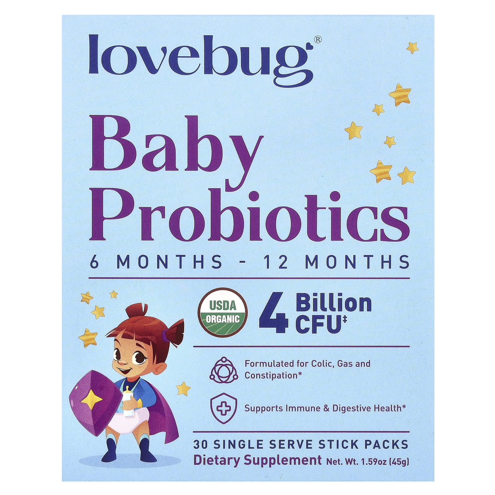 LoveBug Probiotics, Baby Probiotics, 6-12 Months, 4 Billion CFU, 30 Single Serve Stick Packs - Image 1