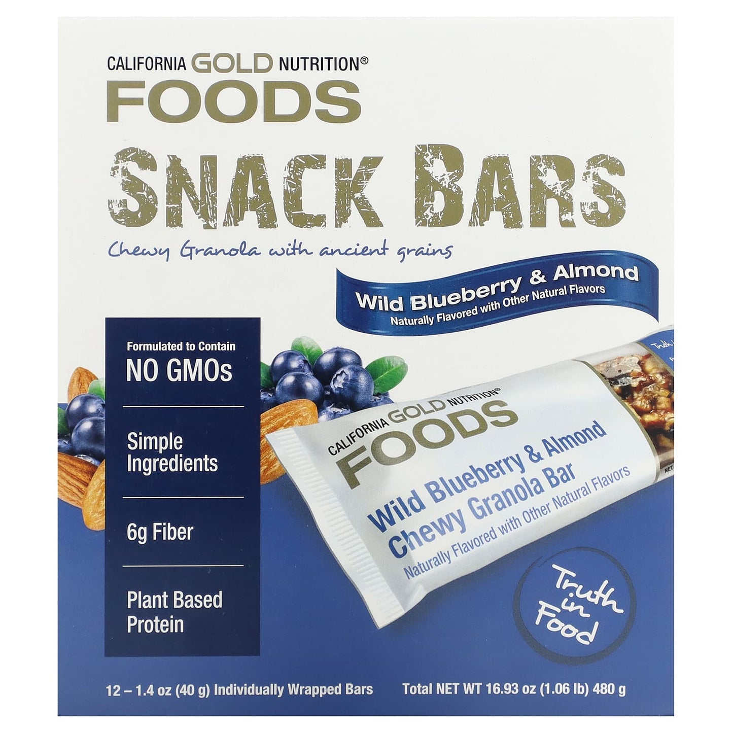 Wild Blueberry & Almond Chewy Granola Bars by California Gold Nutrition - Image 1