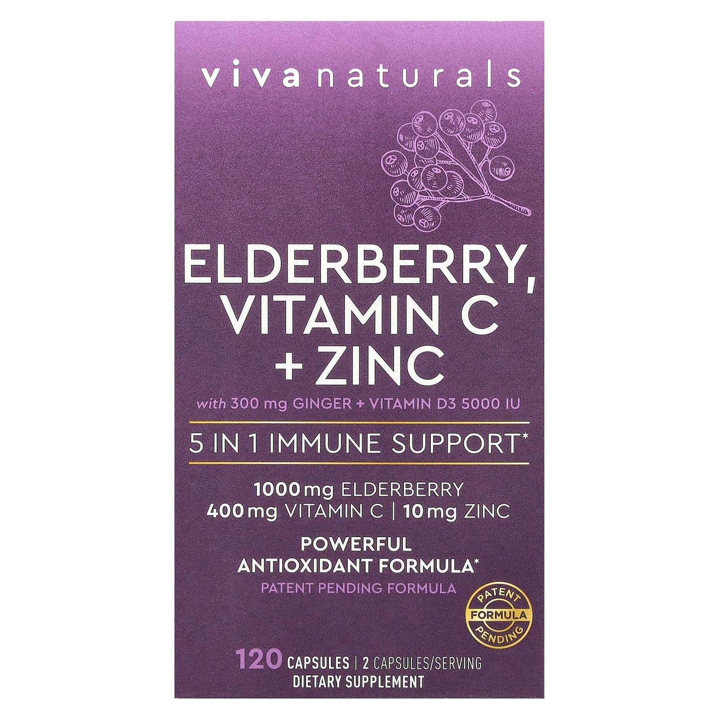 Viva Naturals, Elderberry, Vitamin C + Zinc, 120 Capsules - Image 1