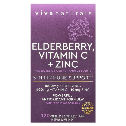Viva Naturals, Elderberry, Vitamin C + Zinc, 120 Capsules - Image 1