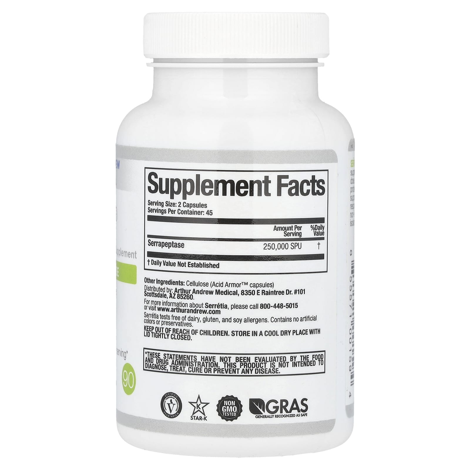 Arthur Andrew Medical Serretia Pure Serrapeptase 90 Capsules - Image 2