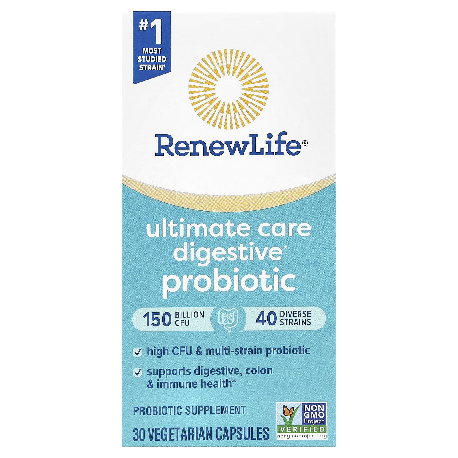 Renew Life, Ultimate Care Digestive Probiotic, 150 Billion CFU, 30 Vegetarian Capsules - Image 1