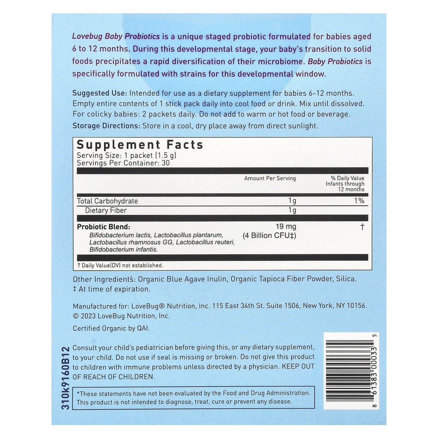 LoveBug Probiotics, Baby Probiotics, 6-12 Months, 4 Billion CFU, 30 Single Serve Stick Packs