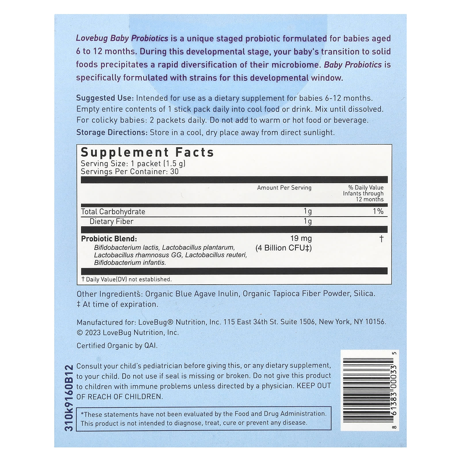 LoveBug Probiotics, Baby Probiotics, 6-12 Months, 4 Billion CFU, 30 Single Serve Stick Packs