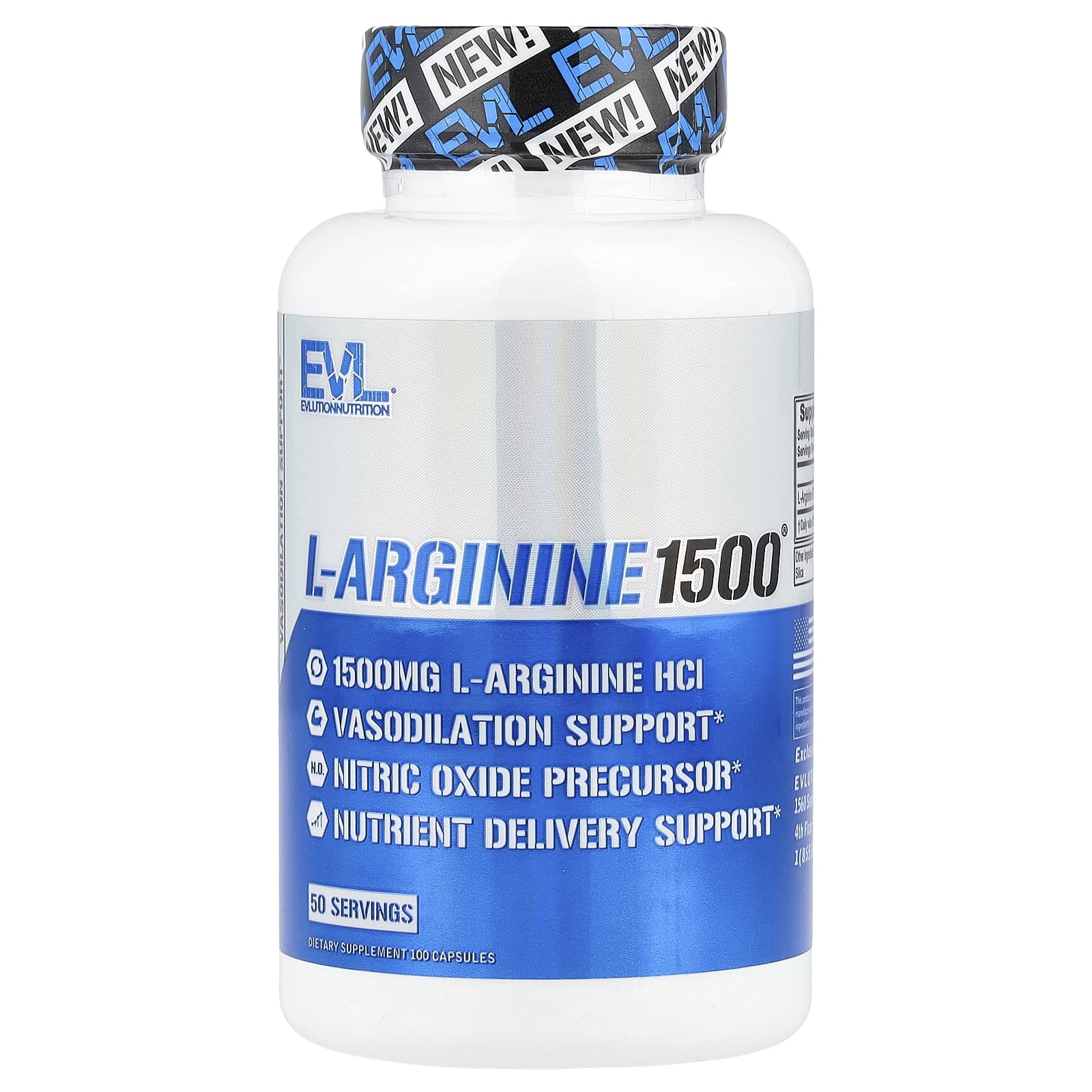 EVLution Nutrition L-Arginine 1500 Nitric Oxide Booster 100 Capsules - Image 1