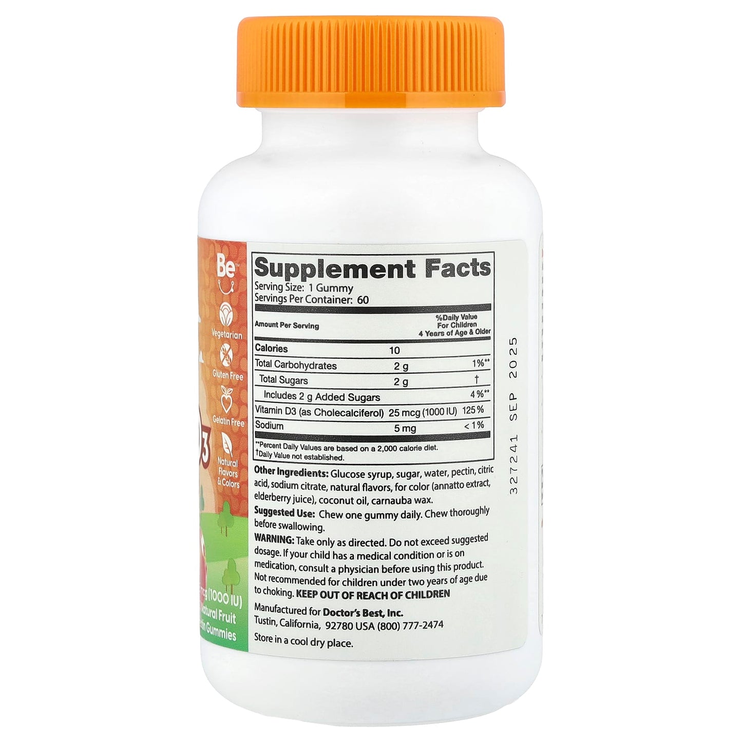 Doctor's Best, Doc's Kids, Vitamin D3 Kids Gummies, All Natural Fruit , 25 mcg (1,000 IU), 60 Natural Fruit Pectin Gummies