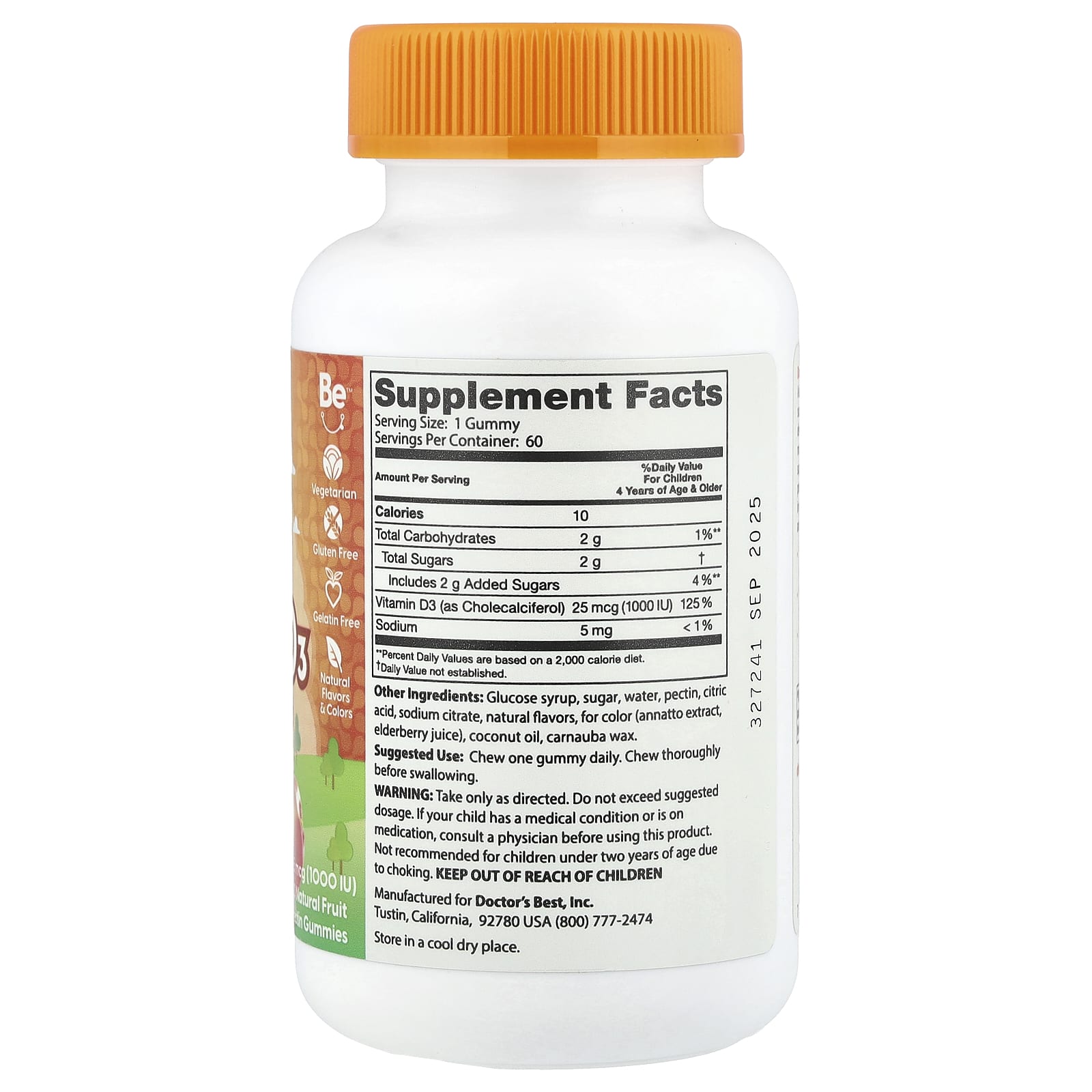 Doctor's Best, Doc's Kids, Vitamin D3 Kids Gummies, All Natural Fruit , 25 mcg (1,000 IU), 60 Natural Fruit Pectin Gummies