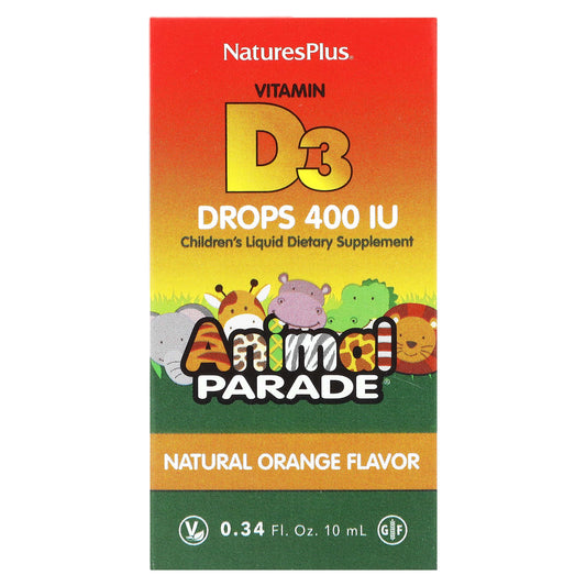 NaturesPlus, Animal Parade, Vitamin D3 Drops, Natural Orange, 10 mcg (400 IU), 0.34 fl oz (10 ml) - Image 1