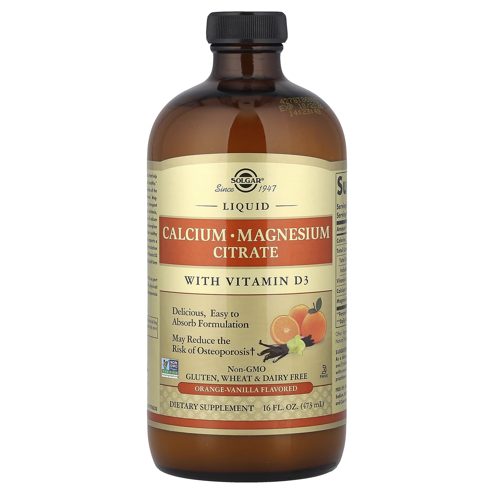 Solgar, Liquid Calcium Magnesium Citrate with Vitamin D3, Orange-Vanilla, 16 fl oz (473 ml) - Image 1