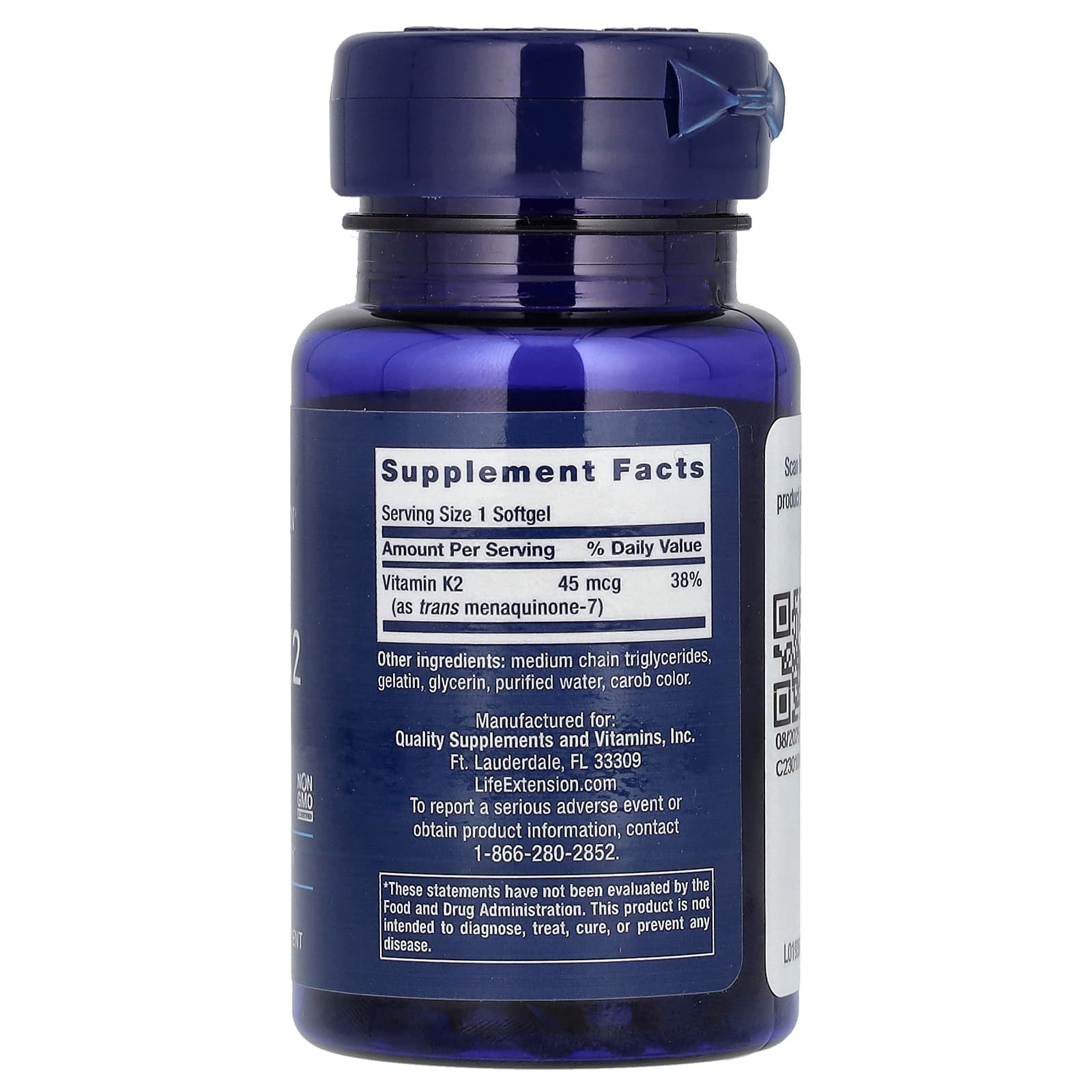 Life Extension, Low Dose Vitamin K2 (MK-7), 45 mcg, 90 Softgels - Image 2