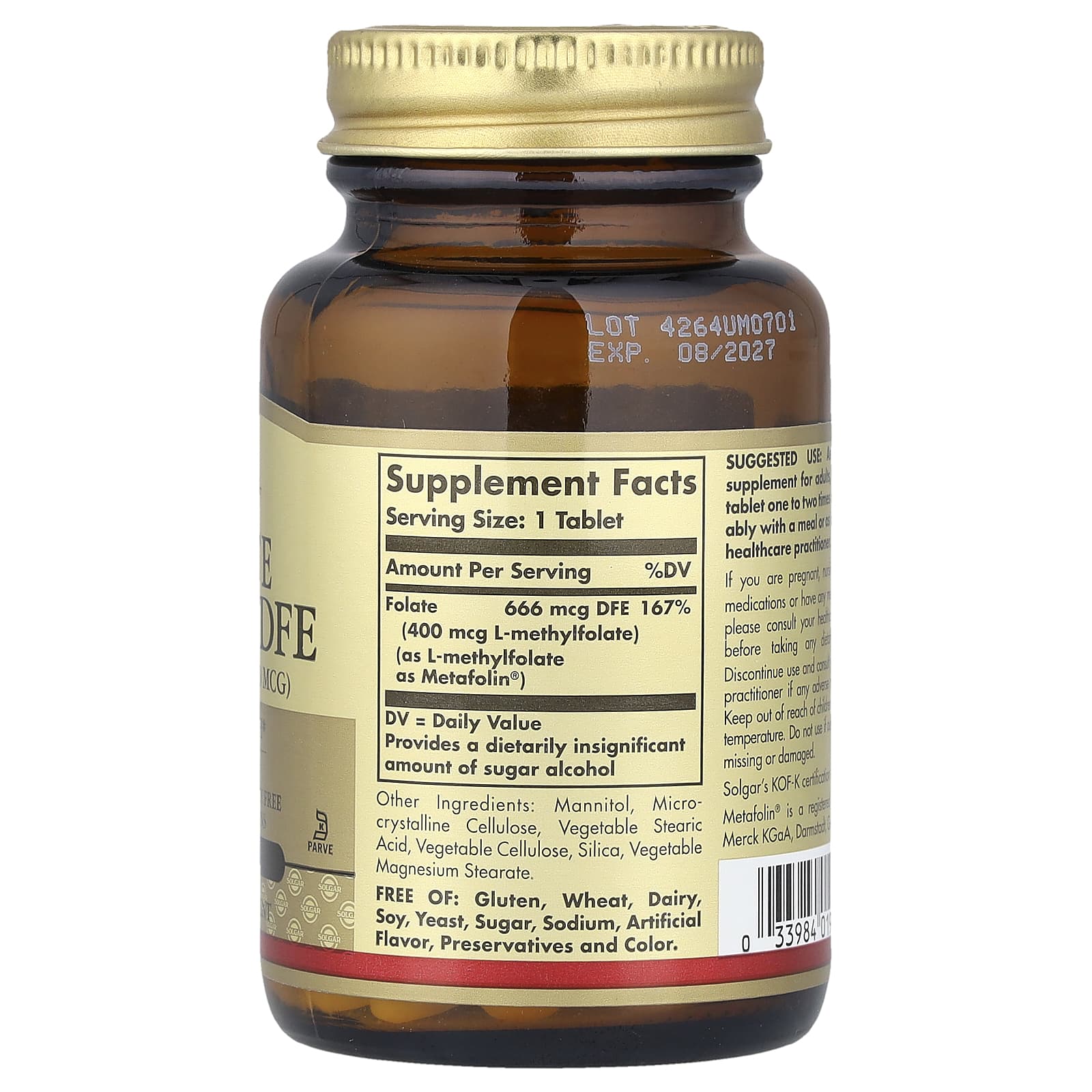 Solgar, Folate, 666 mcg DFE, 100 Tablets - Image 2