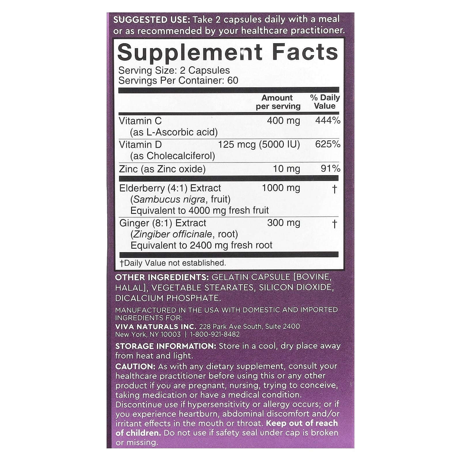 Viva Naturals, Elderberry, Vitamin C + Zinc, 120 Capsules - Image 2