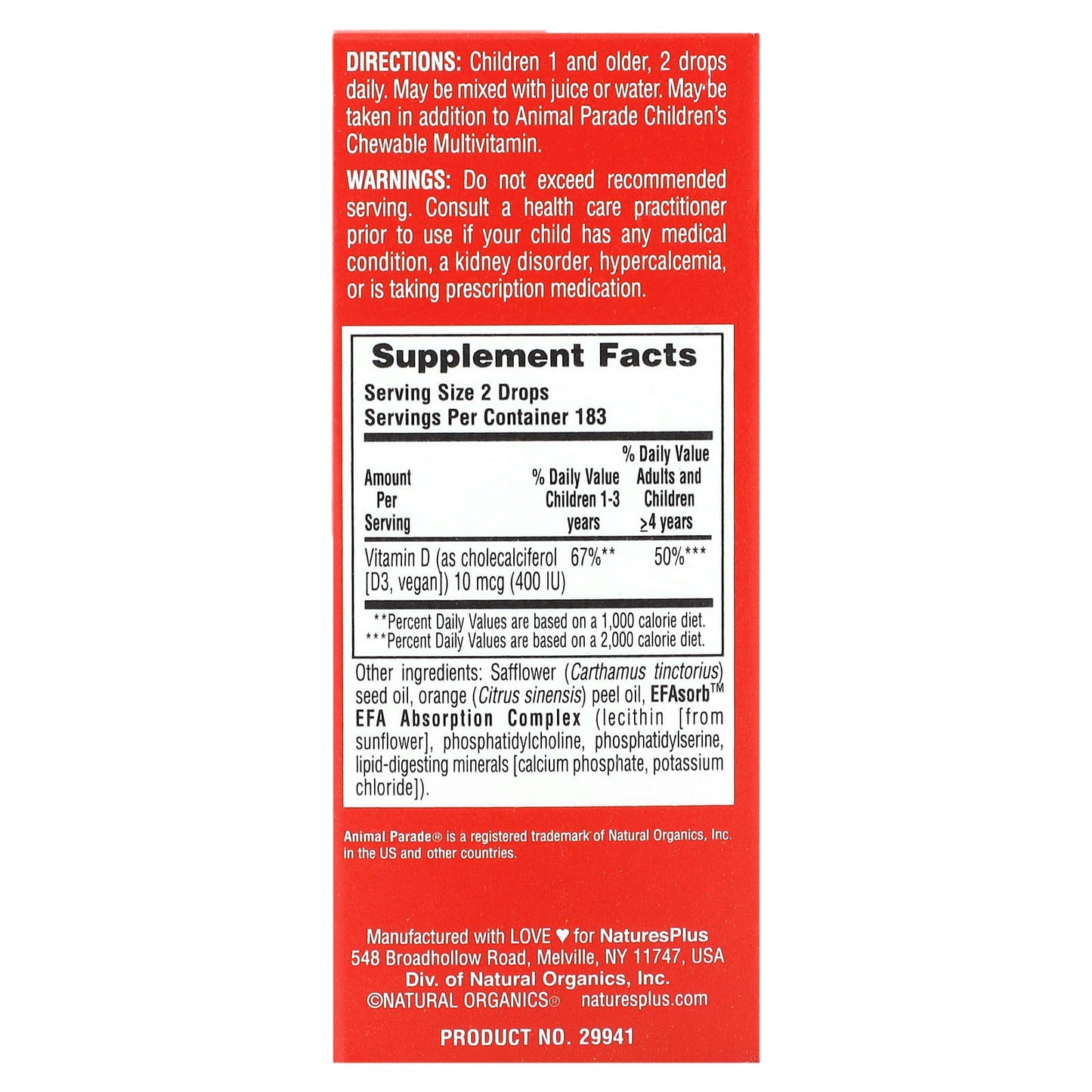 NaturesPlus, Animal Parade, Vitamin D3 Drops, Natural Orange, 10 mcg (400 IU), 0.34 fl oz (10 ml) - Image 2