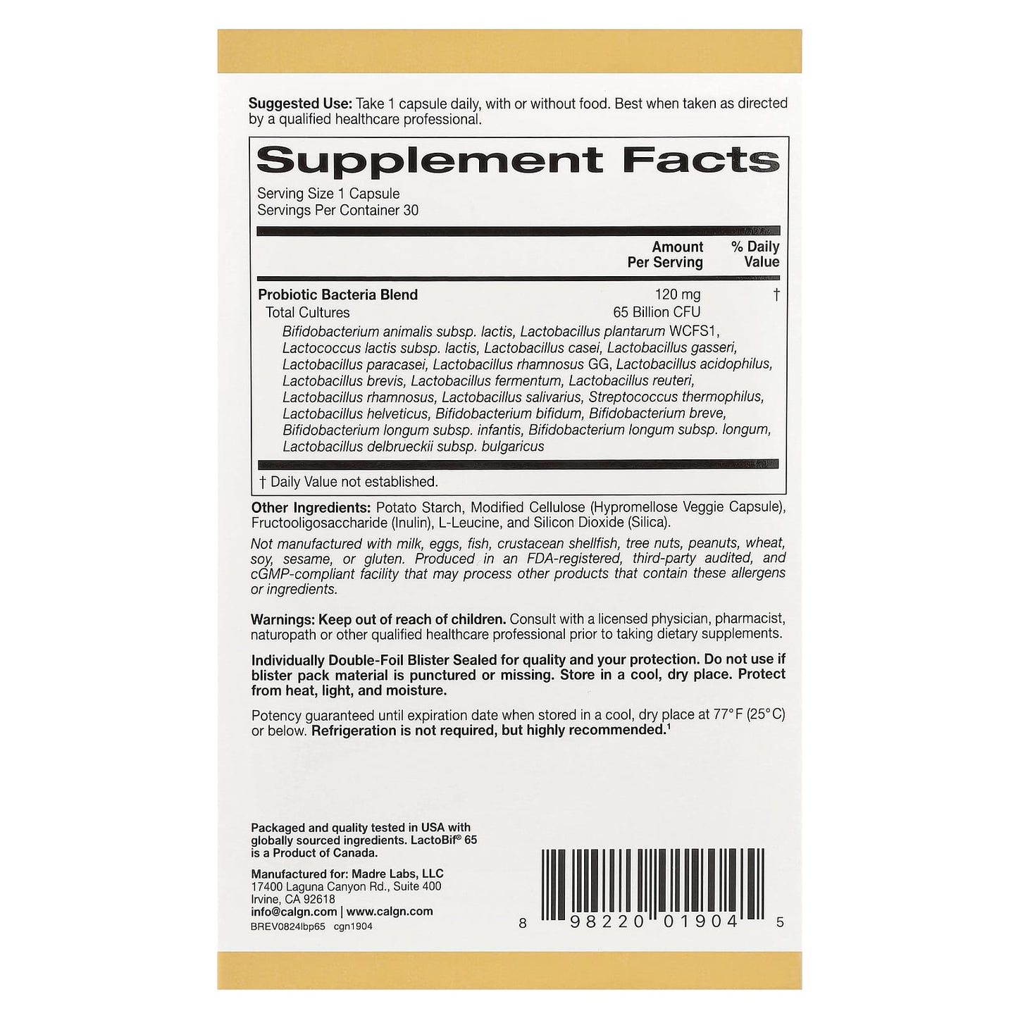 California Gold Nutrition LactoBif 65 Probiotics, 65 Billion CFU, 30 Veggie Capsules for Digestive Health - Image 2