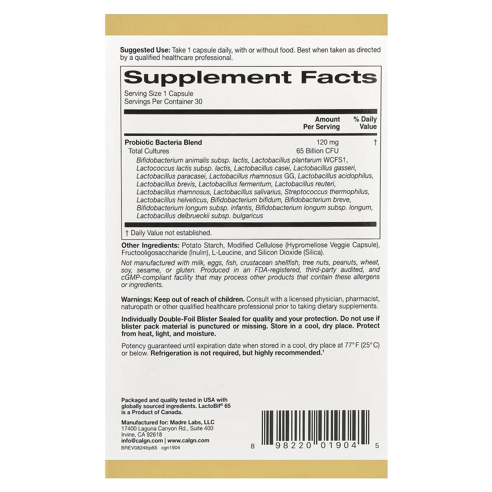 California Gold Nutrition LactoBif 65 Probiotics, 65 Billion CFU, 30 Veggie Capsules for Digestive Health - Image 2