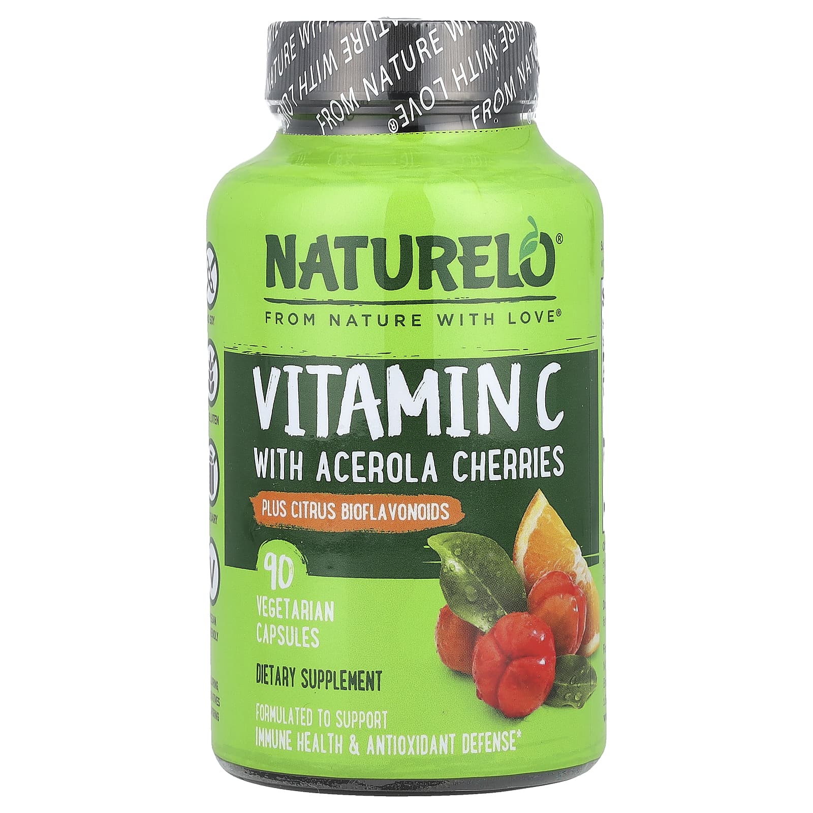 NATURELO, Vitamin C With Acerola Cherries Plus Citrus Bioflavonoids, 90 Vegetarian Capsules - Image 1