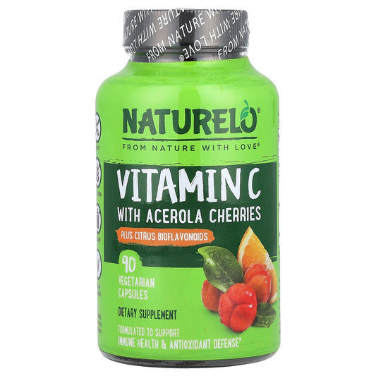 NATURELO, Vitamin C With Acerola Cherries Plus Citrus Bioflavonoids, 90 Vegetarian Capsules - Image 1