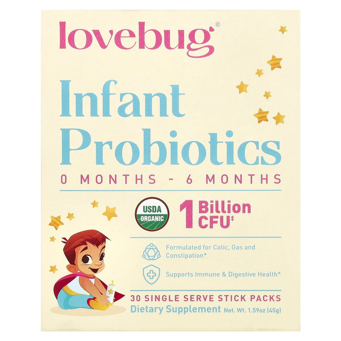 LoveBug Probiotics, Infant Probiotics, 0-6 Months, 1 Billion CFU, 30 Single Serve Stick Packs, 0.05 oz (1.5 g) Each - Image 1