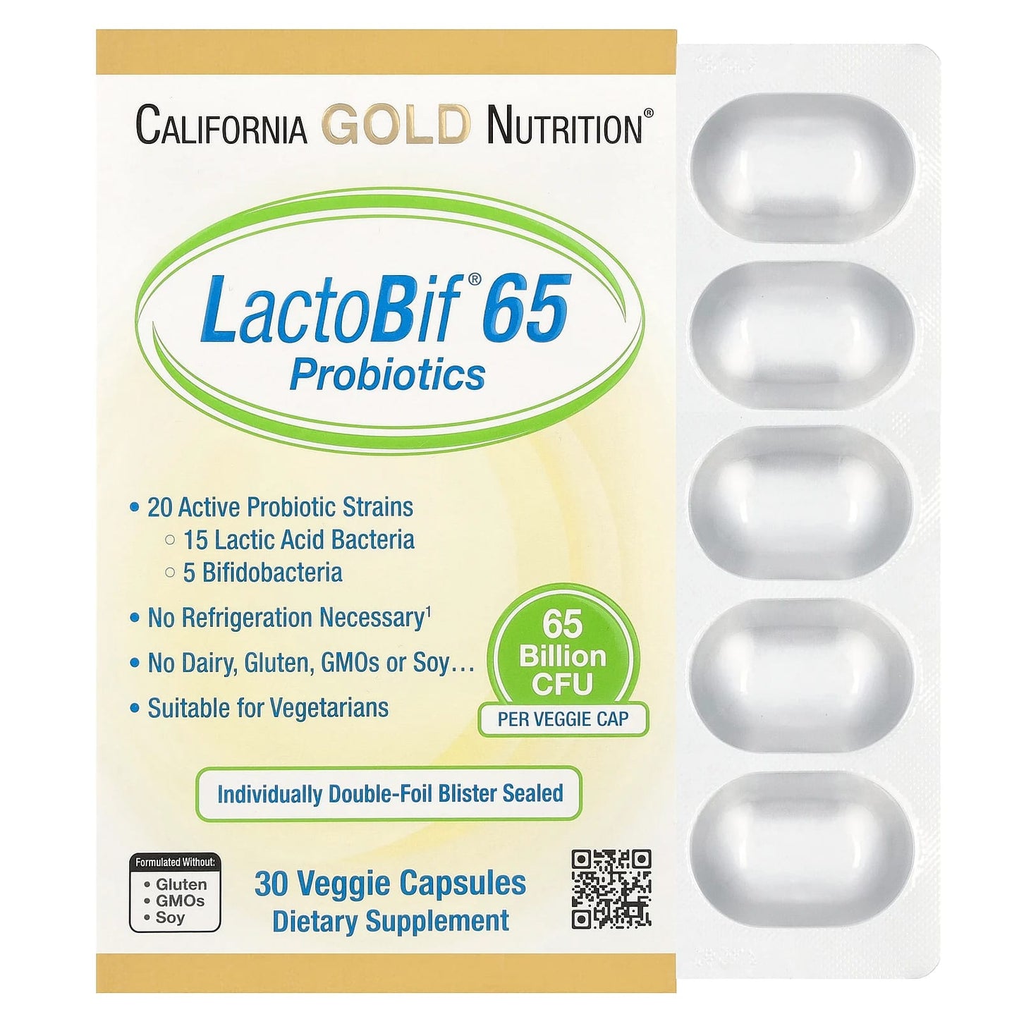 California Gold Nutrition LactoBif 65 Probiotics, 65 Billion CFU, 30 Veggie Capsules for Digestive Health - Image 1