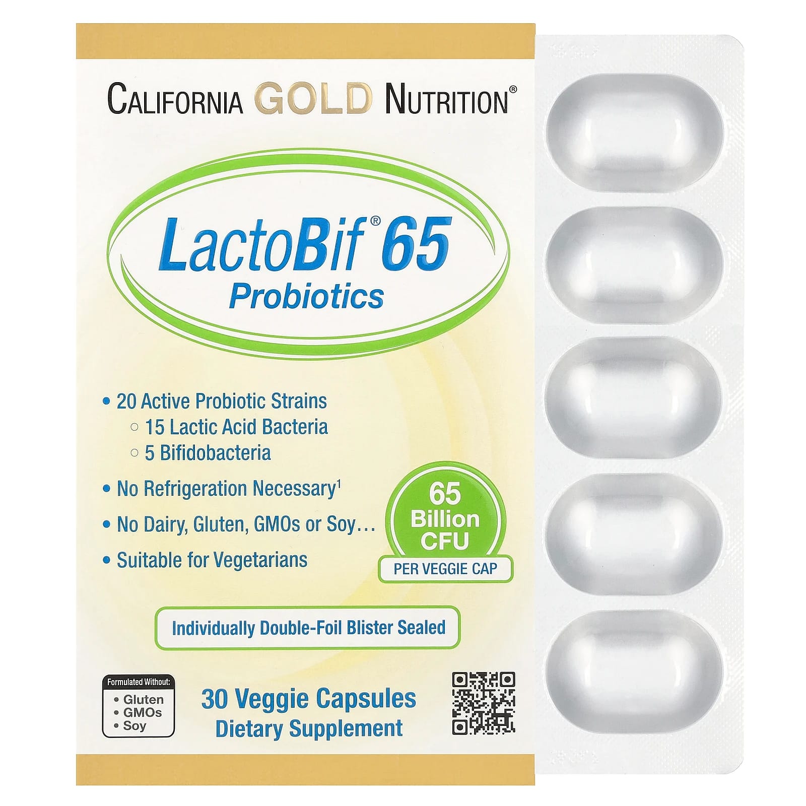 California Gold Nutrition LactoBif 65 Probiotics, 65 Billion CFU, 30 Veggie Capsules for Digestive Health - Image 1