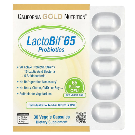 California Gold Nutrition LactoBif 65 Probiotics, 65 Billion CFU, 30 Veggie Capsules for Digestive Health - Image 1