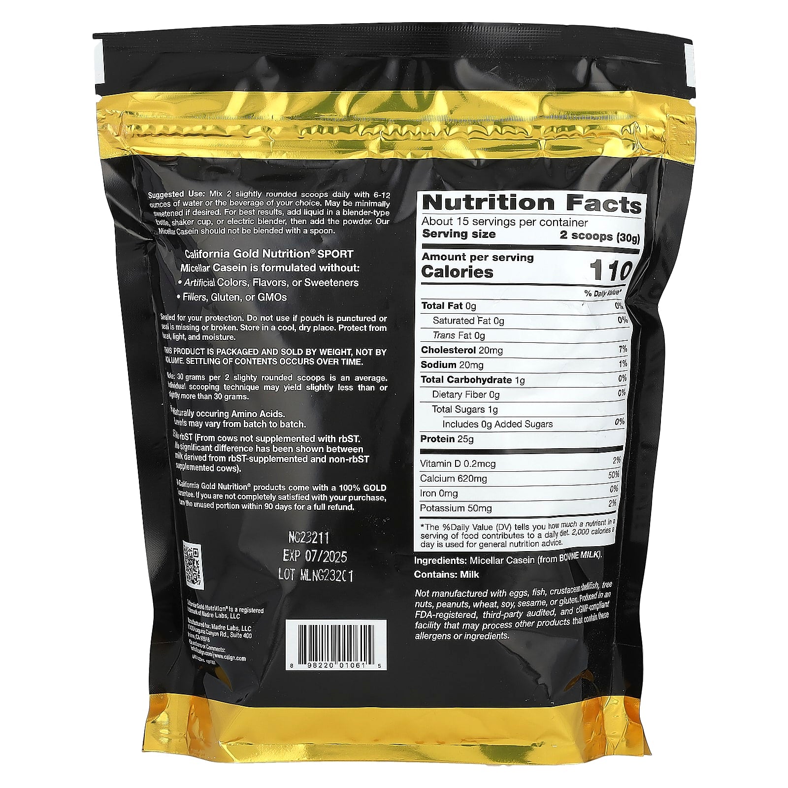 <strong>California Gold Nutrition Micellar Casein</strong> - 25g Protein, Unflavored, Slow Absorption - Image 2