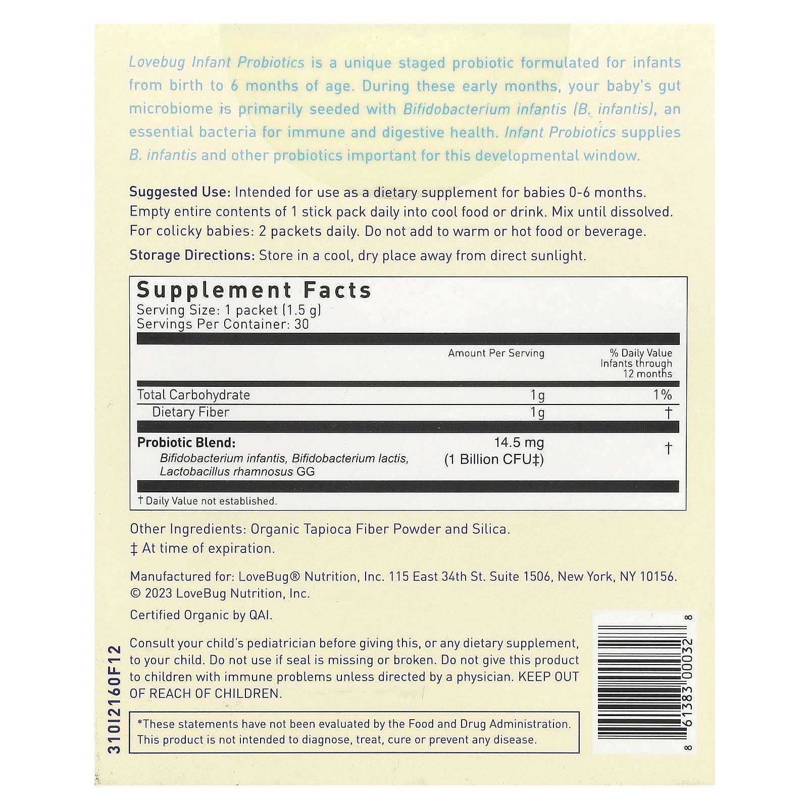 LoveBug Probiotics, Infant Probiotics, 0-6 Months, 1 Billion CFU, 30 Single Serve Stick Packs, 0.05 oz (1.5 g) Each