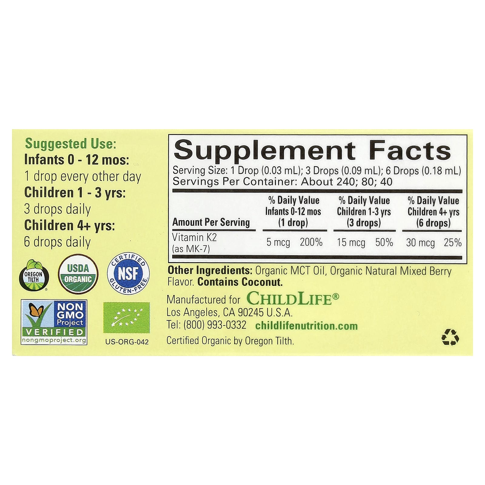 ChildLife Essentials, Organic Vitamin K2 Drops, Natural Berry, 5 mcg, 0.25 fl oz (7.5 ml)