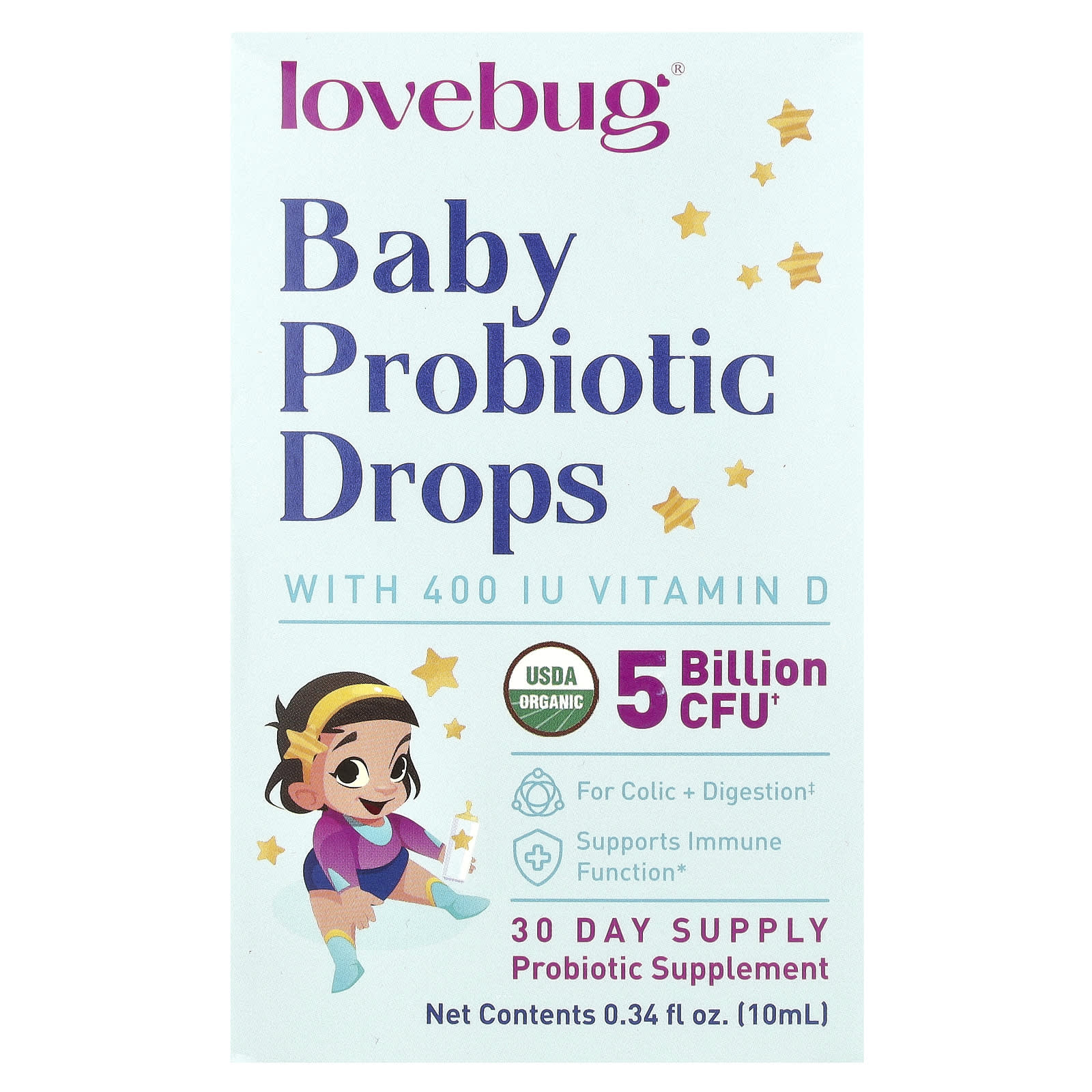 LoveBug Probiotics, Baby Probiotic Drops with Vitamin D, 0.34 fl oz (10 ml) - Image 1