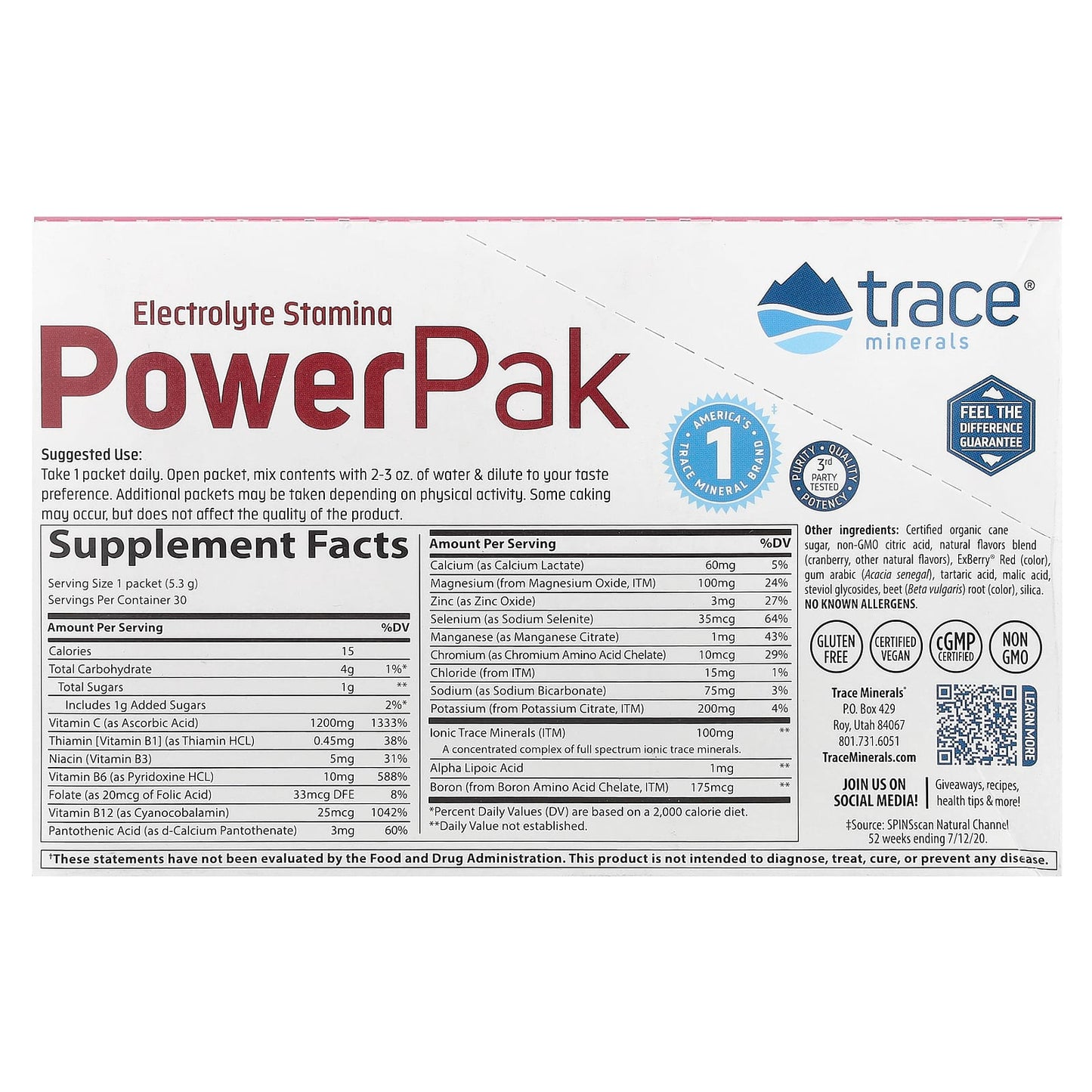 Trace, Electrolyte Stamina PowerPak, Cranberry, 30 Packets, 0.19 oz (5.3 g) Each - Image 2