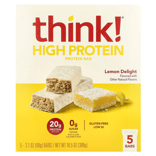 Think !, High Protein Bars, Lemon Delight, 5 Bars, 2.1 oz (60 g) Each - Image 1