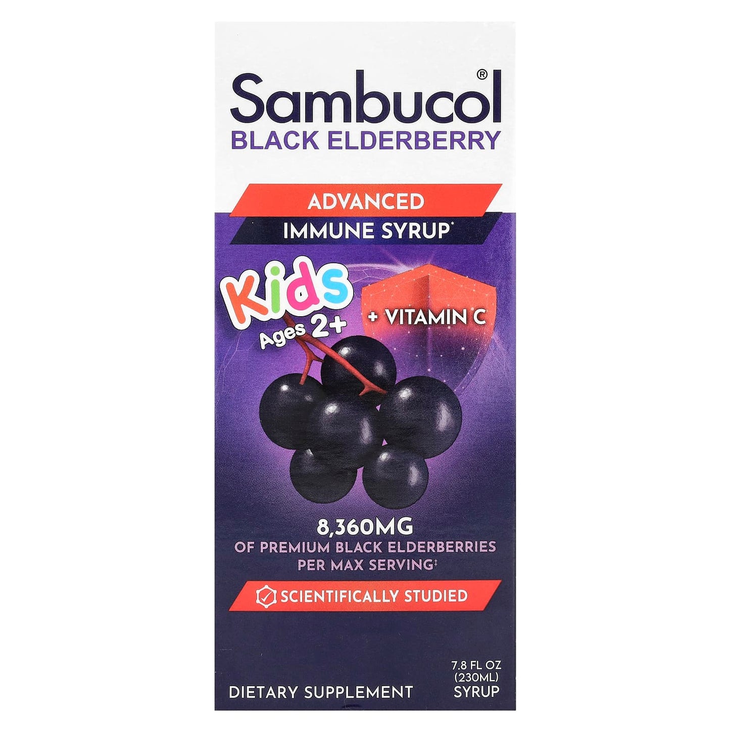 Sambucol, Kids, Black Elderberry, Advanced Immune Syrup, Ages 2+, 8,360 mg, 7.8 fl oz (230 ml) - Image 1
