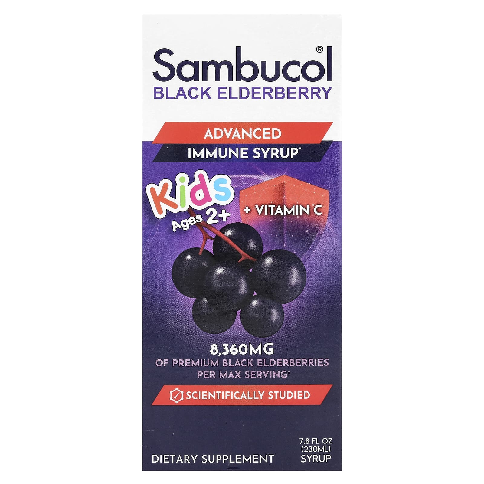 Sambucol, Kids, Black Elderberry, Advanced Immune Syrup, Ages 2+, 8,360 mg, 7.8 fl oz (230 ml) - Image 1