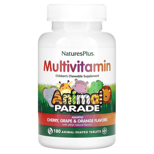 NaturesPlus, Animal Parade, Children's Chewable Multivitamin Supplement, Cherry, Grape & Orange, 180 Animal-Shaped Tablets - Image 1