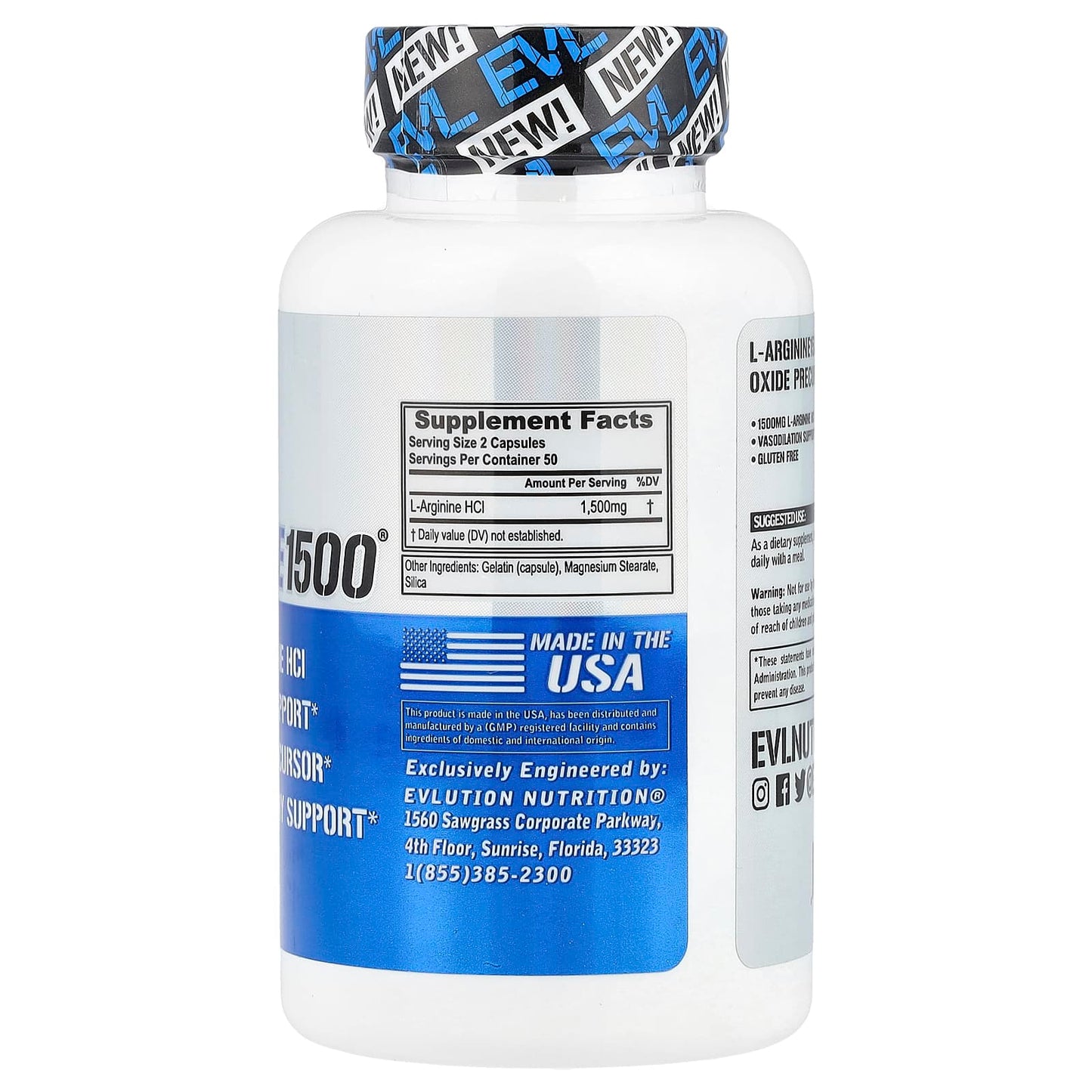 EVLution Nutrition L-Arginine 1500 Nitric Oxide Booster 100 Capsules - Image 2