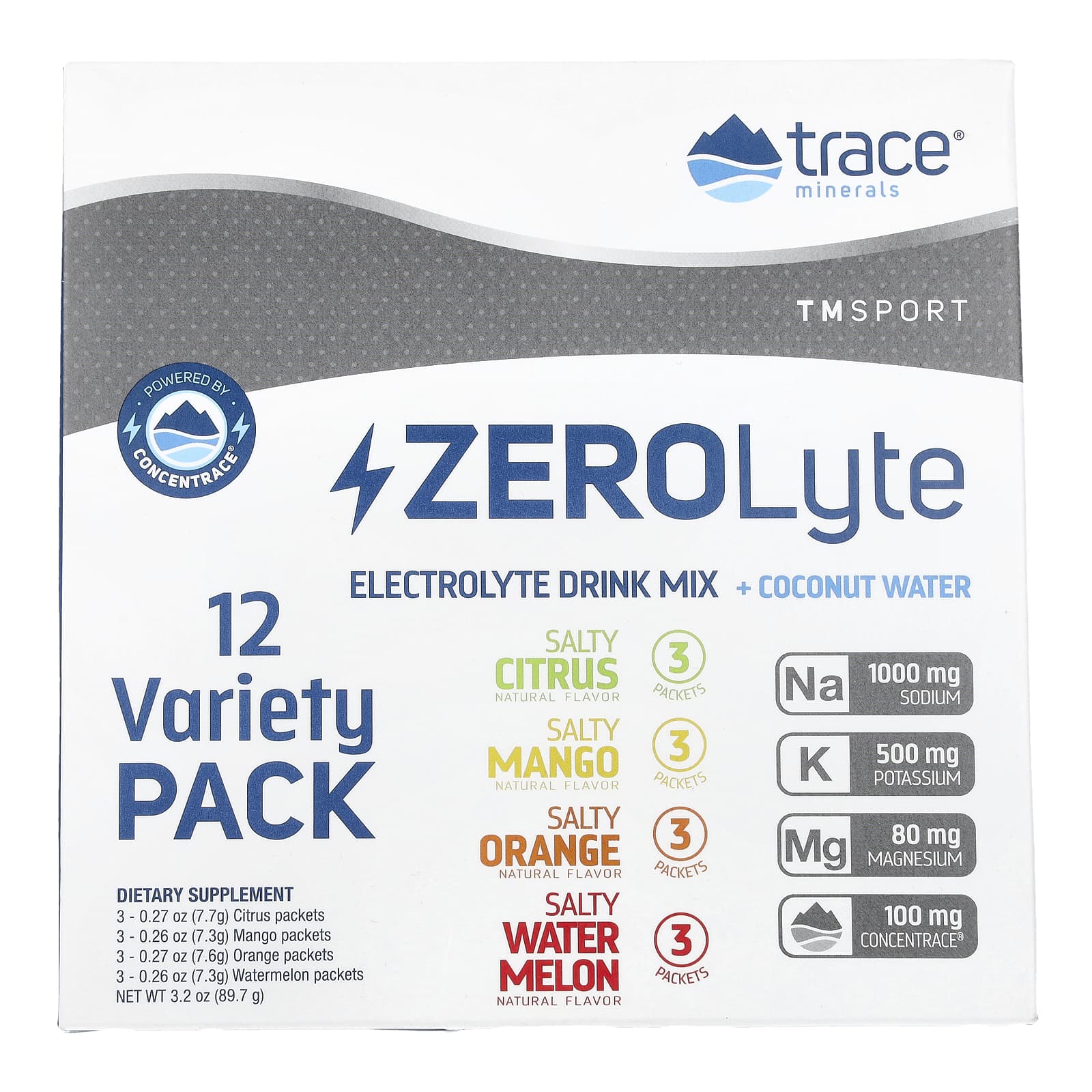 Trace, TM Sport, ZEROLyte, Electrolyte Drink Mix + Coconut Water, Variety Pack, 12 Packets, 3.2 oz (87.9 g) - Image 1