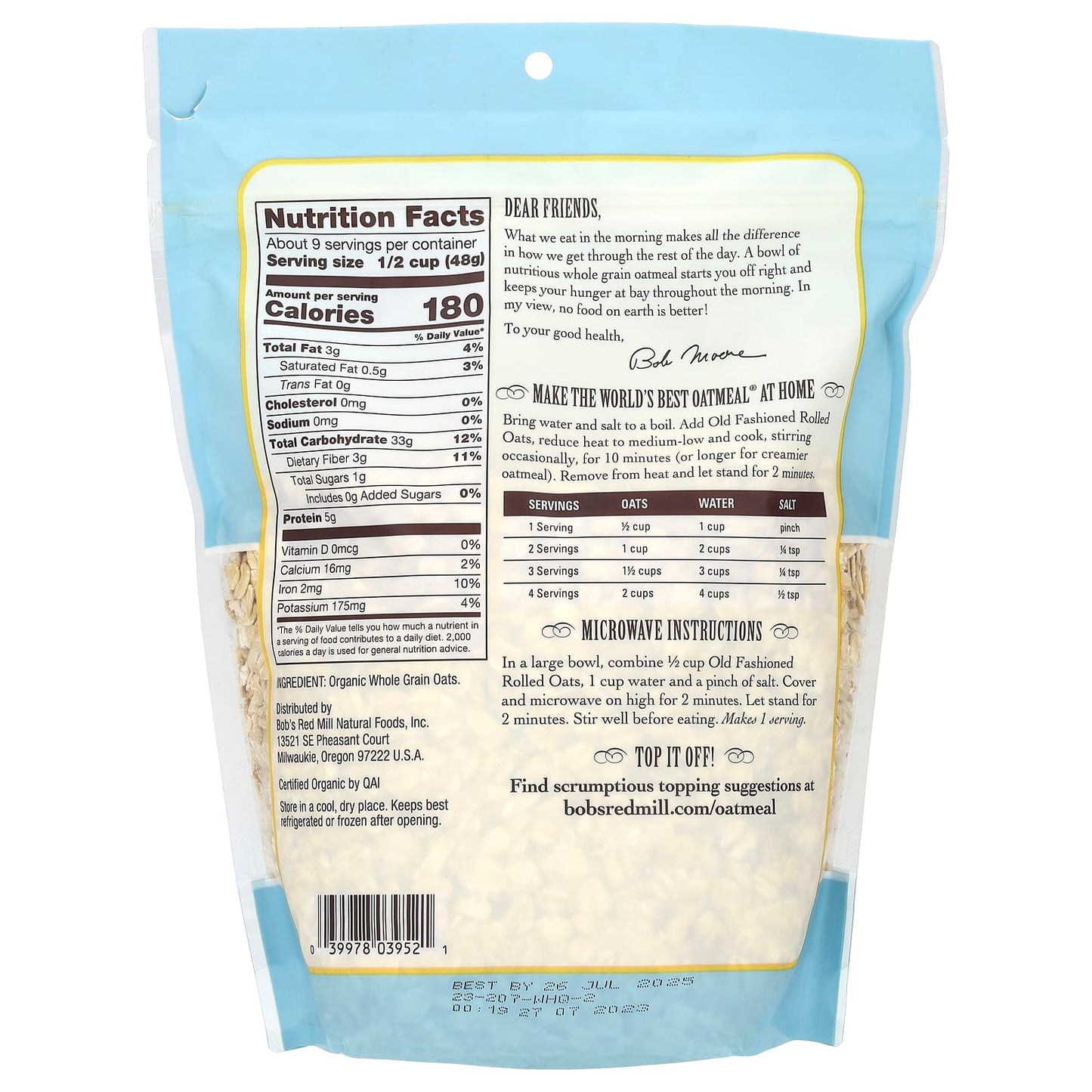 Bob's Red Mill Organic Whole Grain Old Fashioned Rolled Oats, 16 oz - Image 2