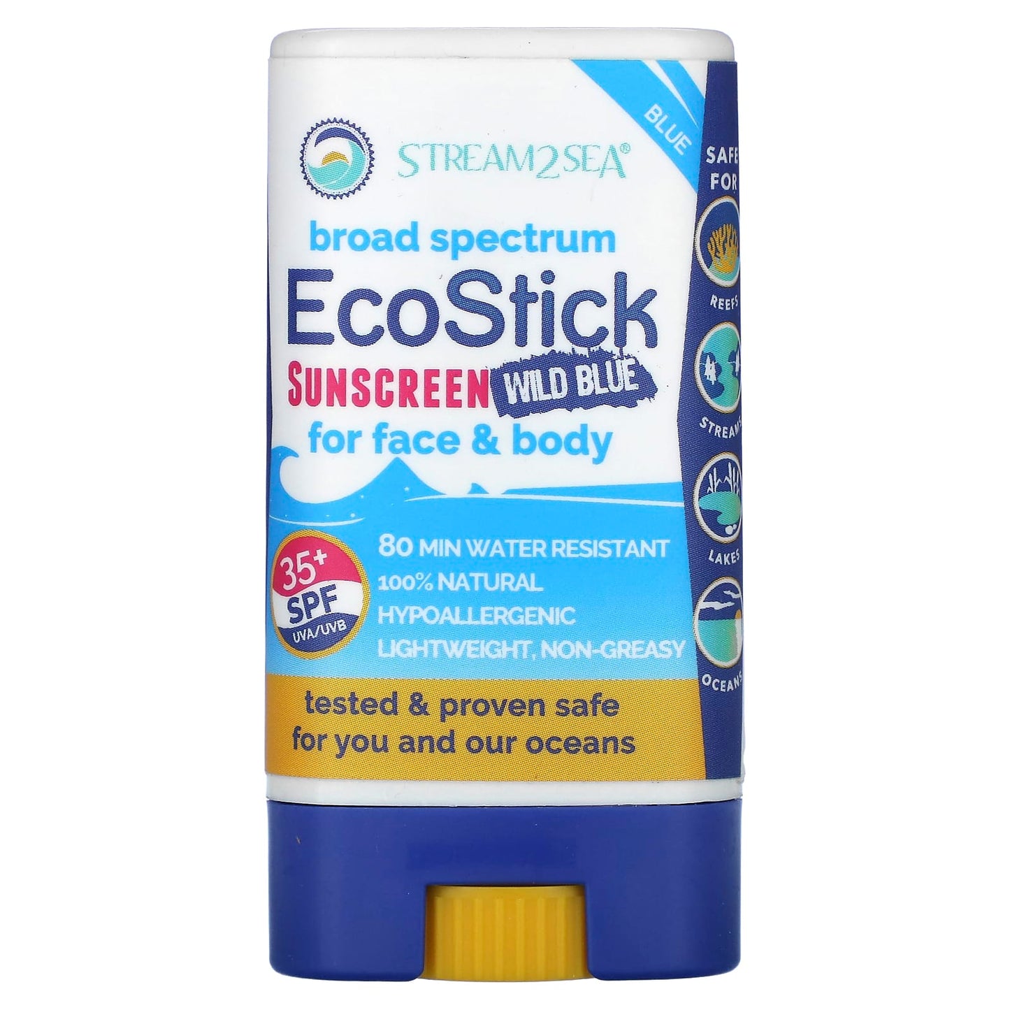 Stream2Sea, EcoStick Sunscreen Wild Blue, SPF 35+, 0.5 oz (14 g) - Image 1