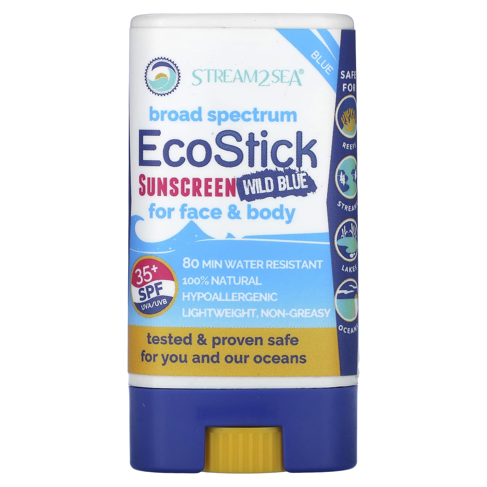 Stream2Sea, EcoStick Sunscreen Wild Blue, SPF 35+, 0.5 oz (14 g) - Image 1
