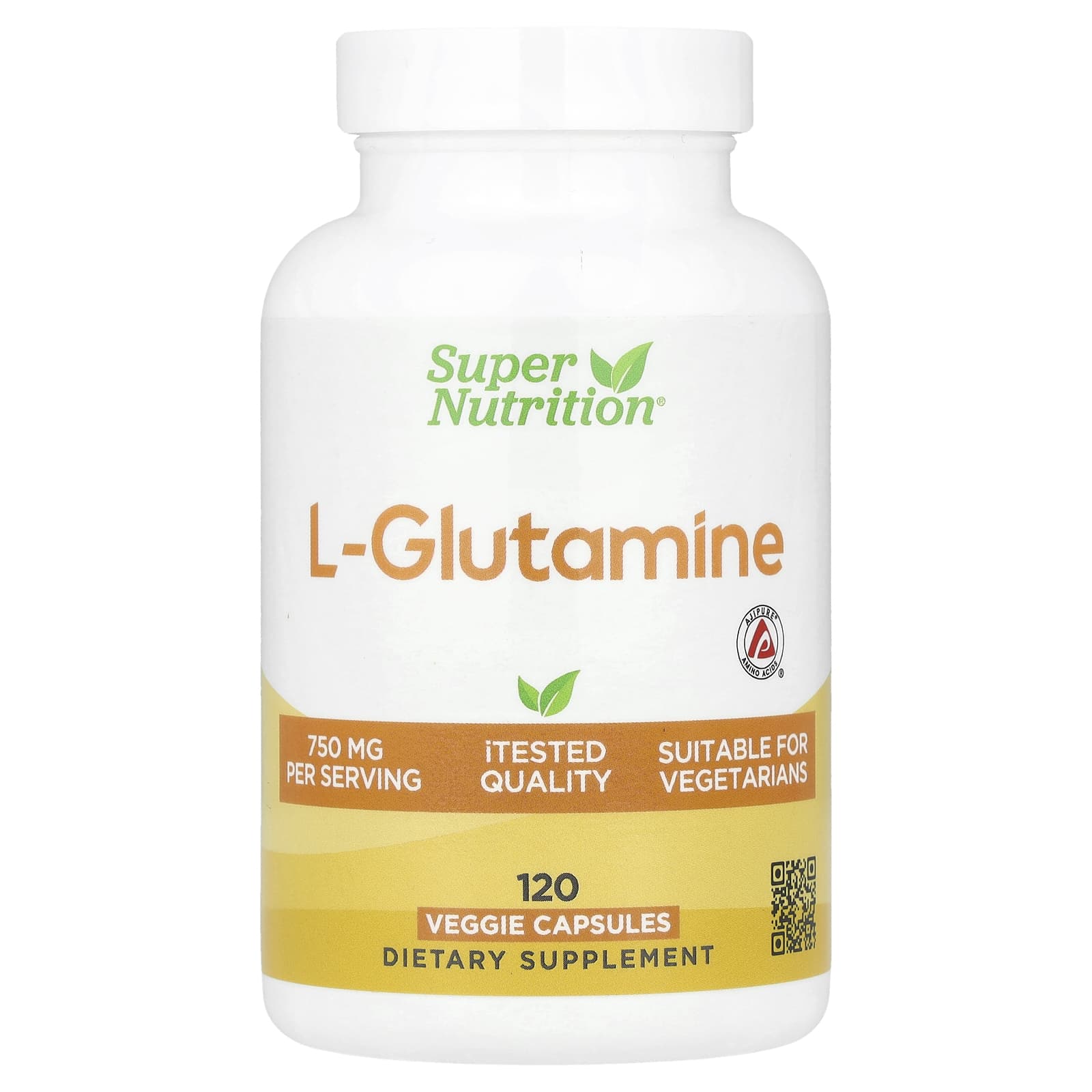 Super Nutrition L-Glutamine 750mg, 120 Veggie Capsules, Non-GMO, Gluten-Free, Vegan - Image 1