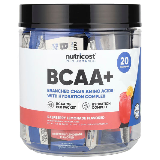Nutricost, Performance, BCAA+, Raspberry Lemonade, 20 Packets, 0.5 oz (14 g) Each - Image 1